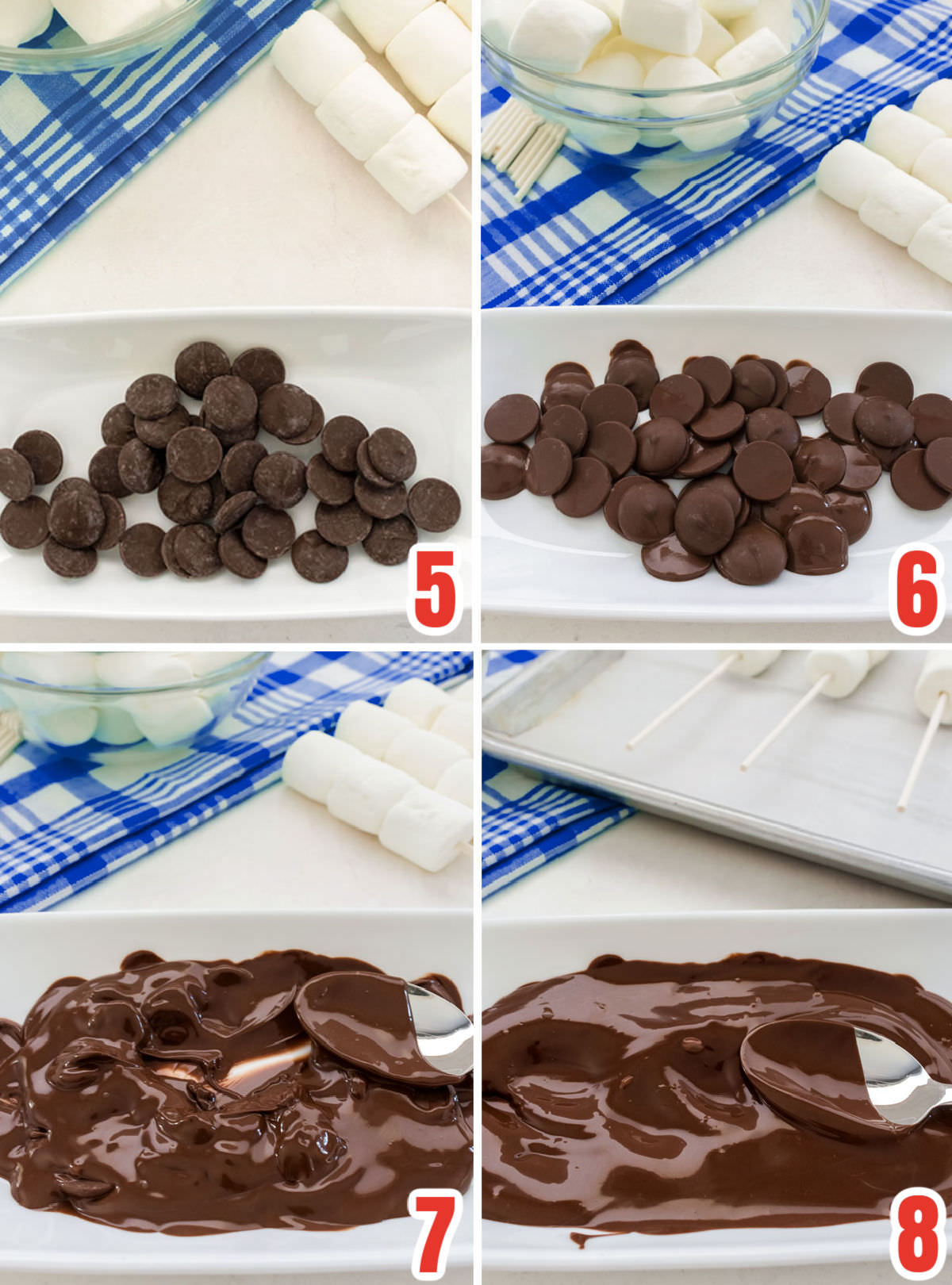 Collage image showing the steps required to melt the chocolate so you can cover the marshmallow pop.