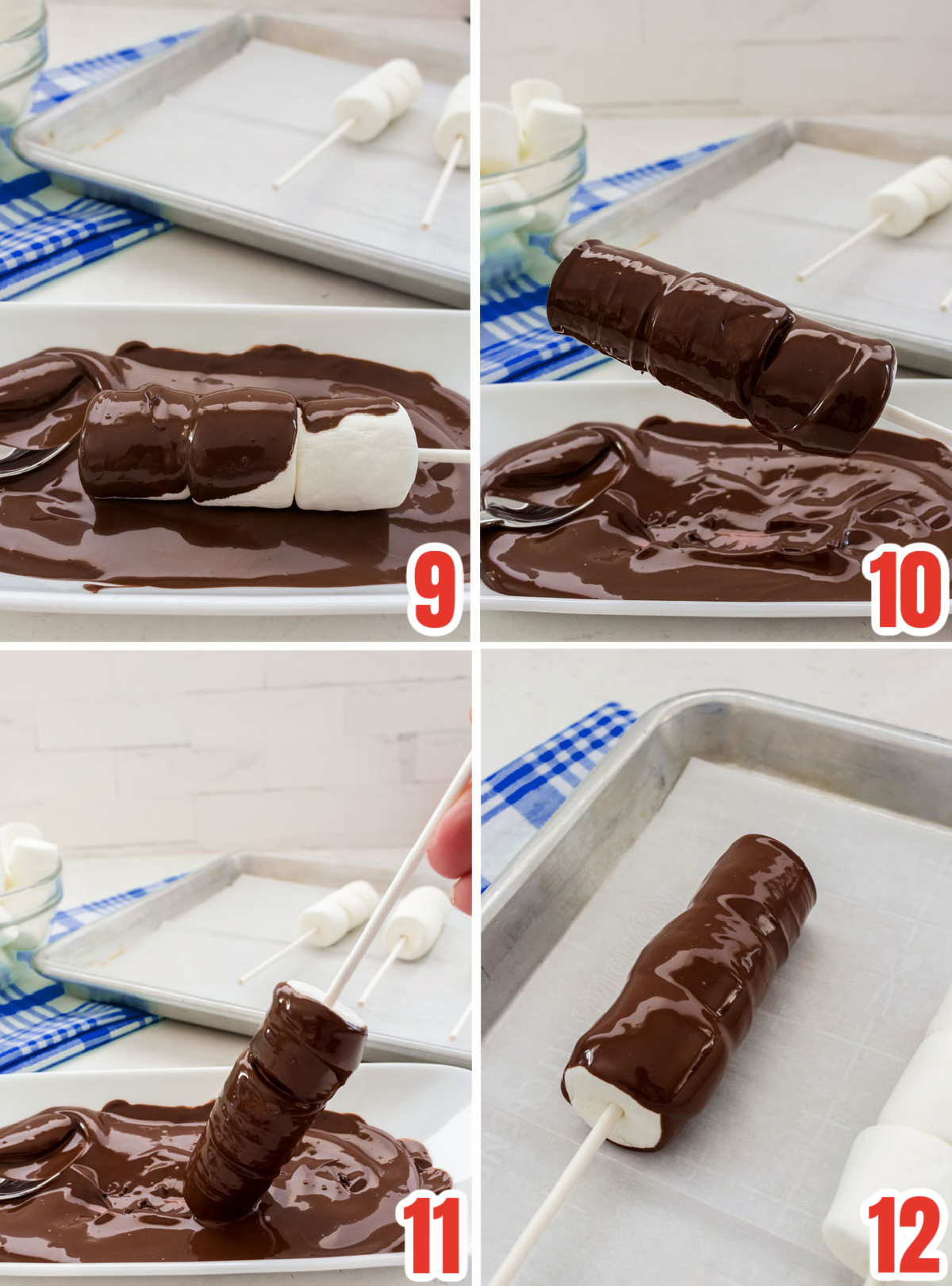 Collage image showing how to cover the marshmallow pop in chocolate.