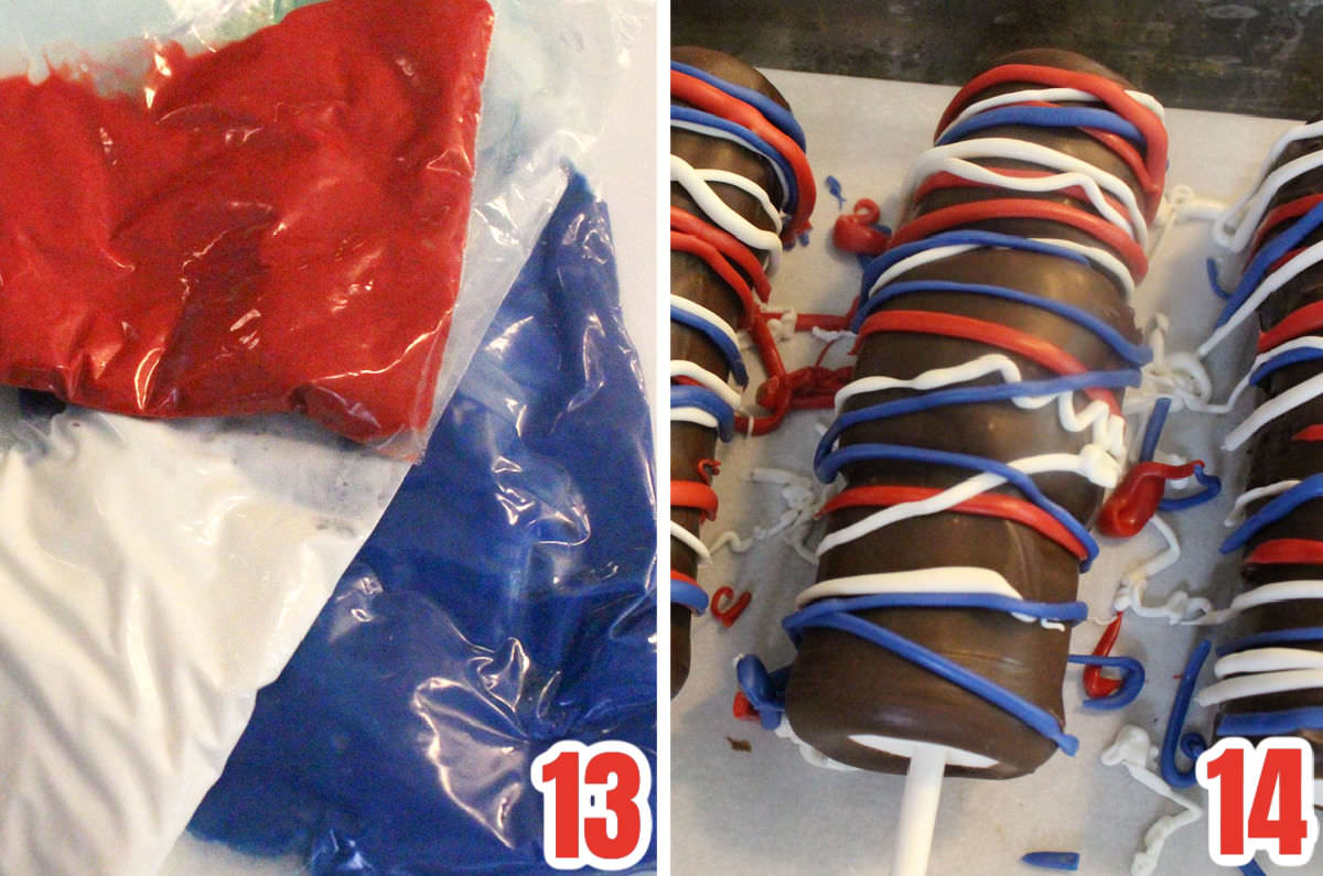 Collage image showing how to decorate the Marshmallow Pops with Red, White and Blue Candy Melts.