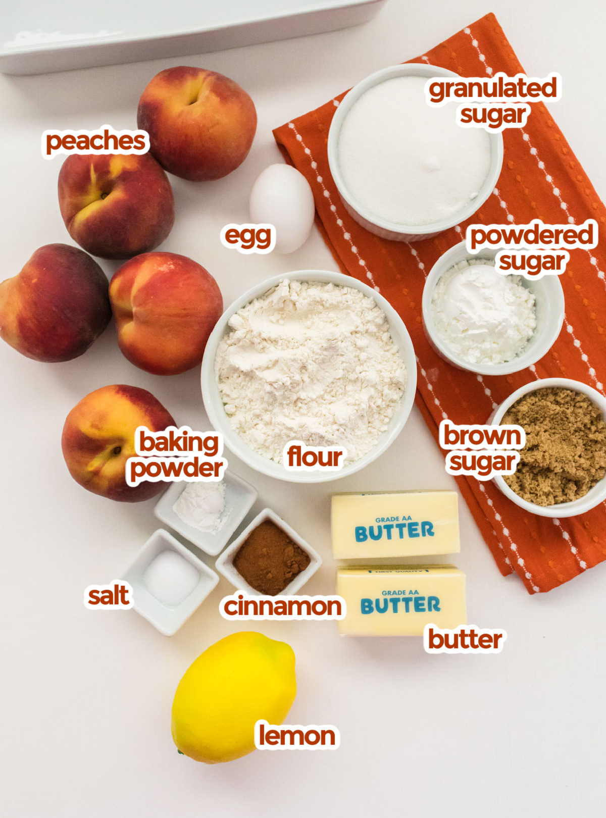 All the ingredients you will need to make Peach Crumble Bars including sugar, brown sugar, peaches, eggs, flour, butter, lemon, cinnamon, baking powder, and salt.