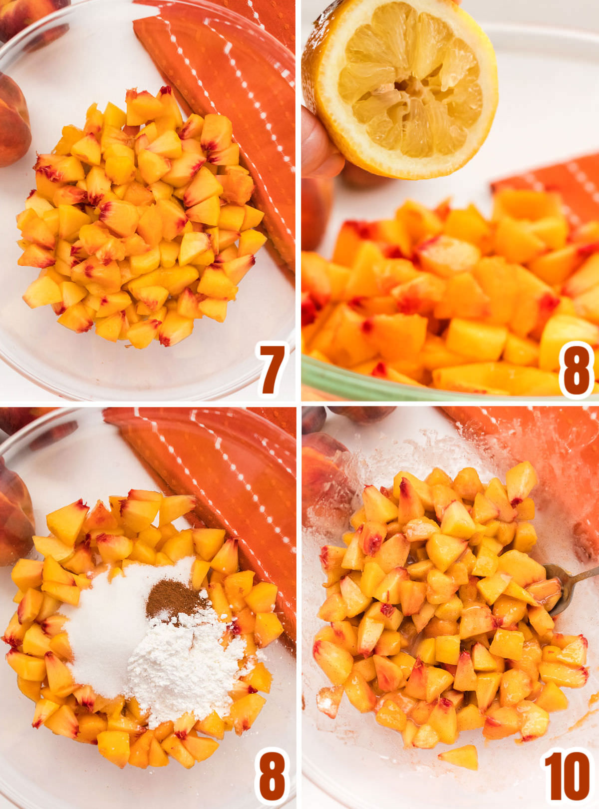 Collage image showing how to prepare the peach filling for the Crumble Bars.