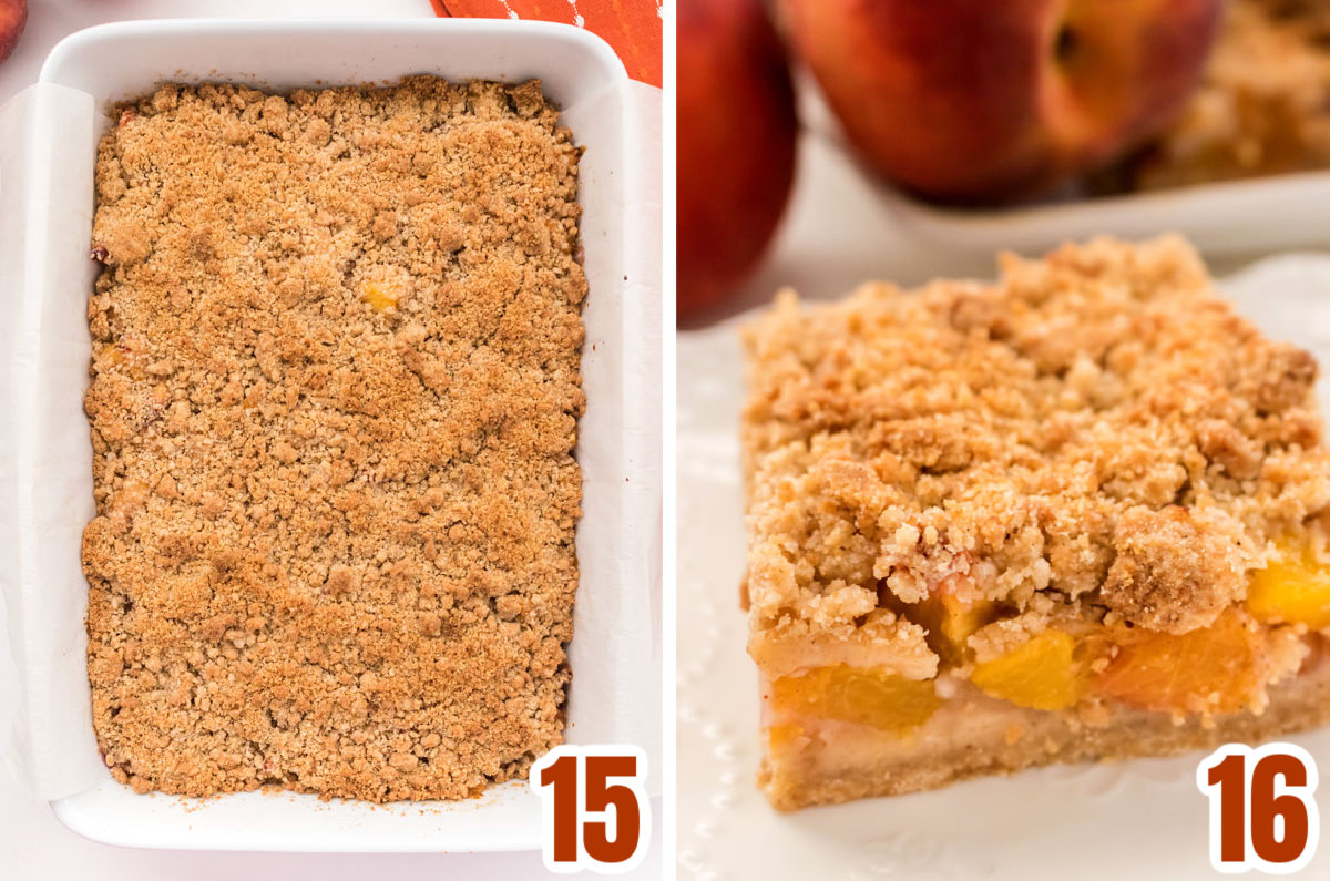 Collage image showing the Peach Crumble Bars just after they came out of the oven and a single bar on a white plate.