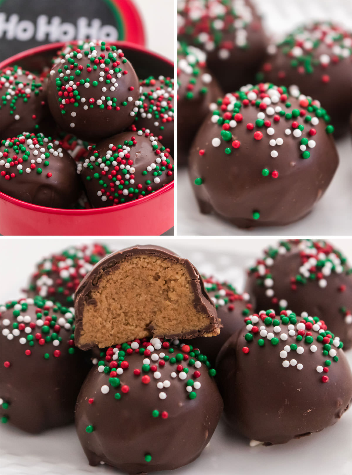 Collage image showing three close up images of a Christmas version of Peanut Butter Balls featuring Christmas sprinkles.