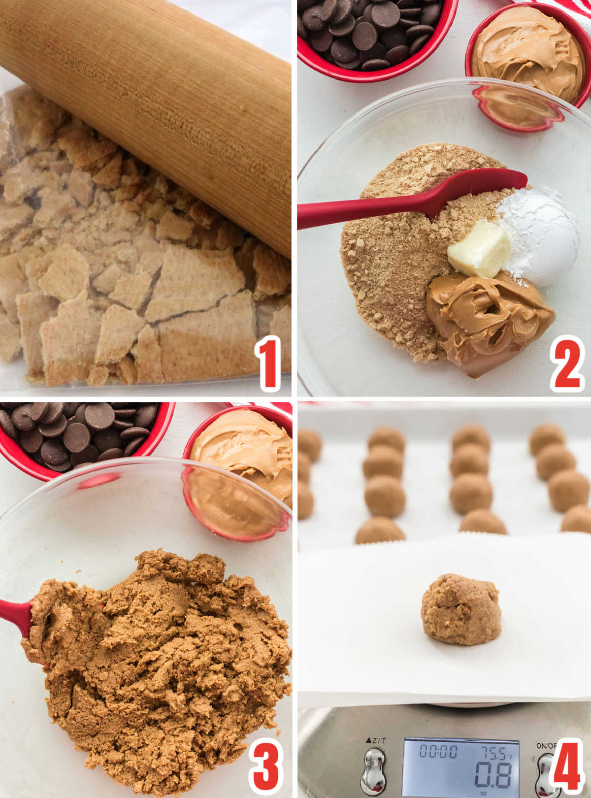 Collage image showing the steps for making the filling for the Peanut Butter candies.