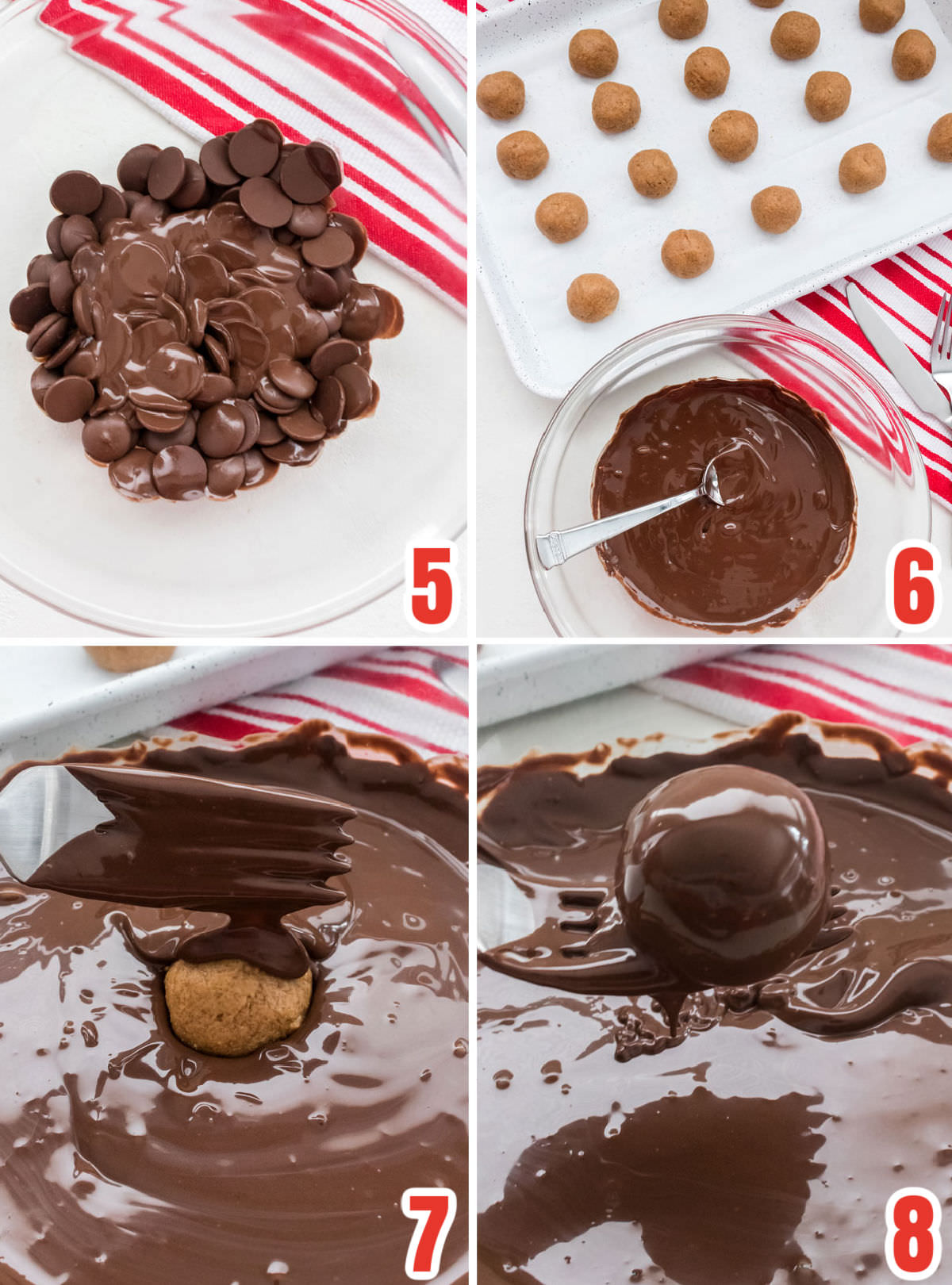 Collage images showing the steps for dipping the peanut butter balls into chocolate.