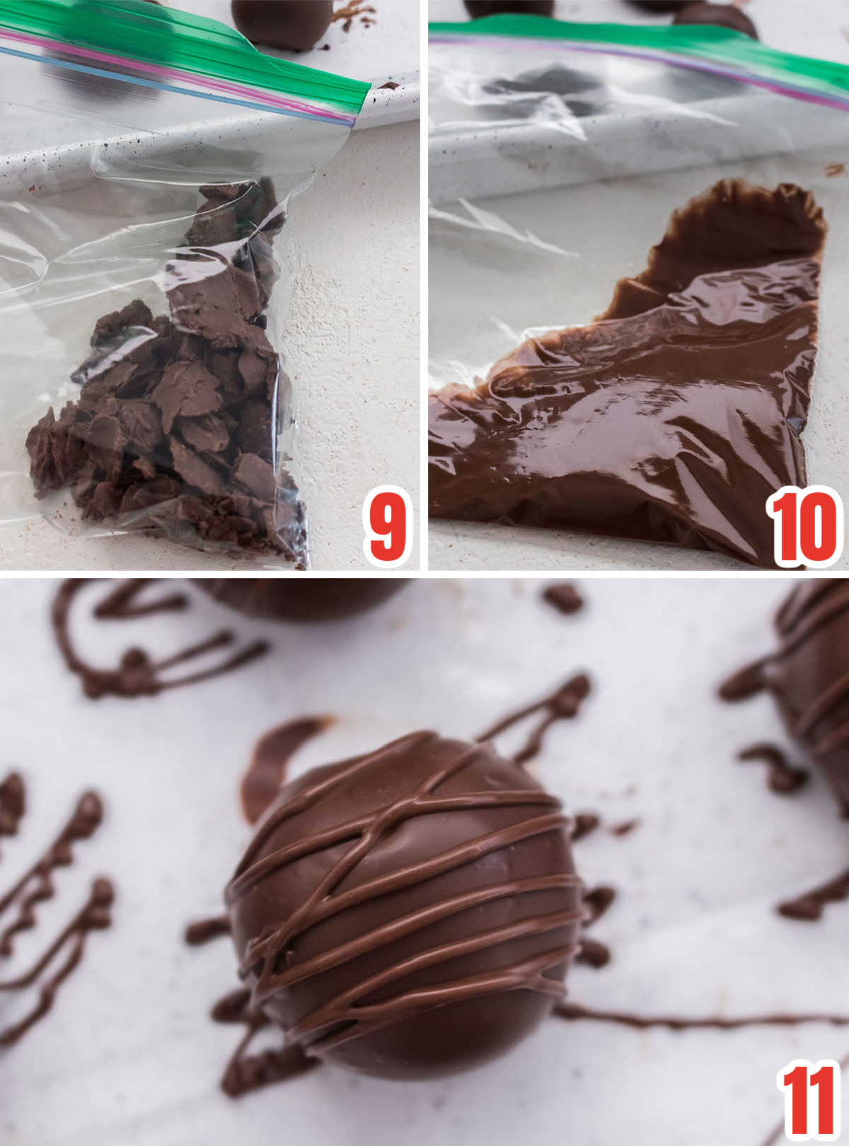 Collage image showing how to add a decorative drizzle of chocolate to the tops of the of Peanut Butter Balls.