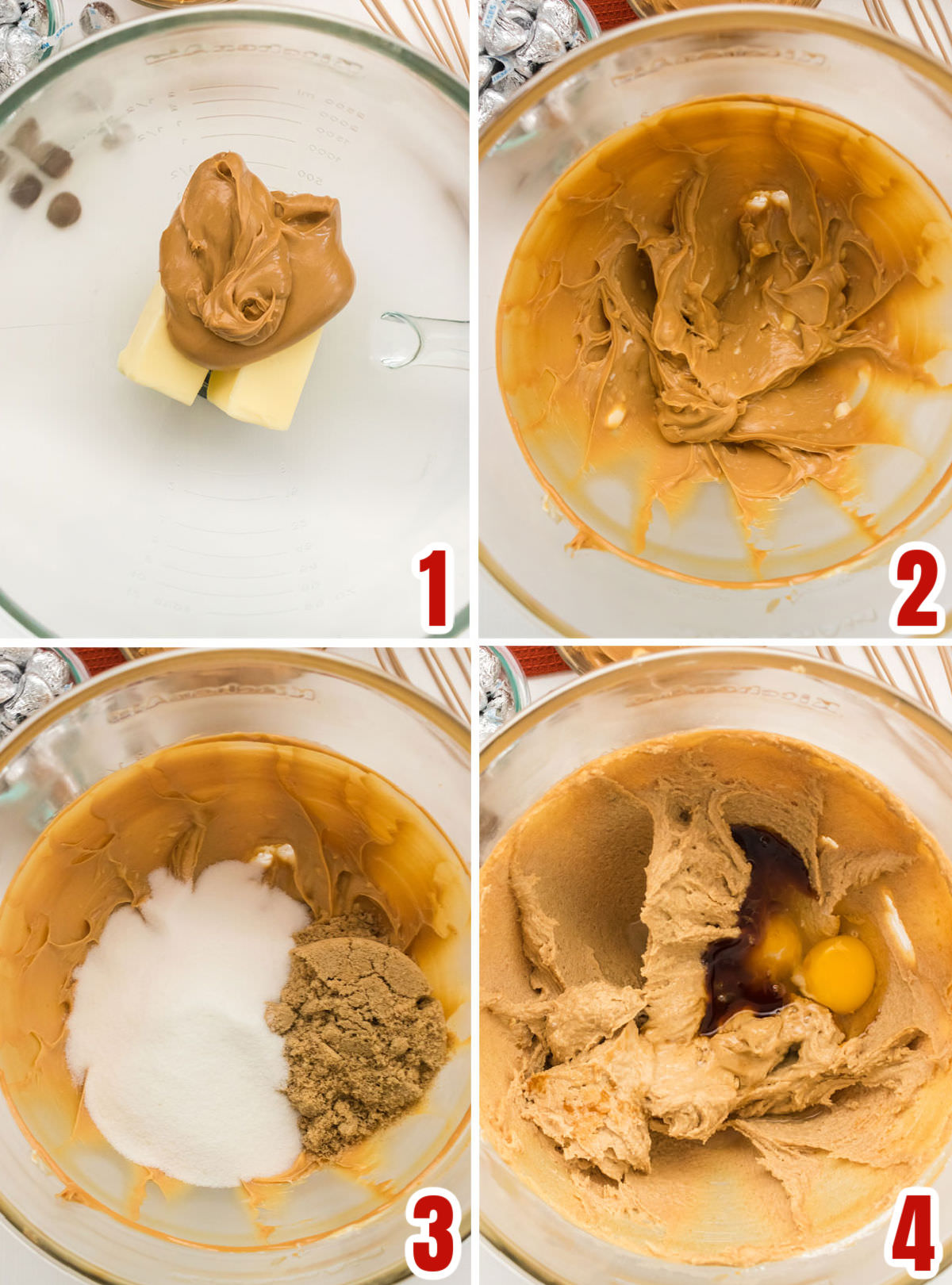 Collage image showing the steps for making the peanut butter cookie dough.