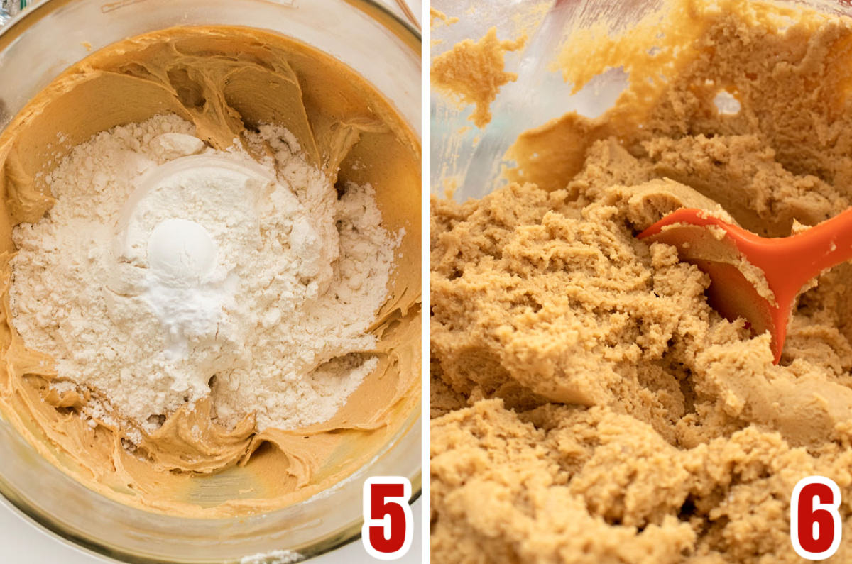 Collage image showing the steps for adding the flour and the baking soda and baking powder to the cookie dough.