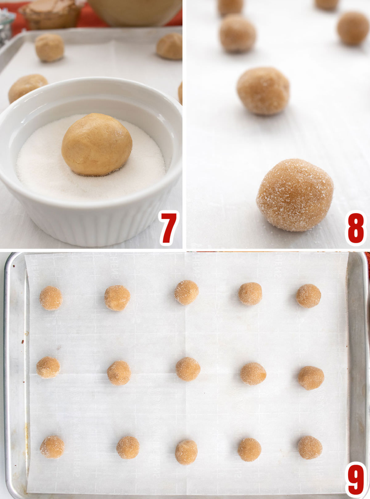 Collage image showing the steps for preparing the peanut butter cookie dough to be baked.