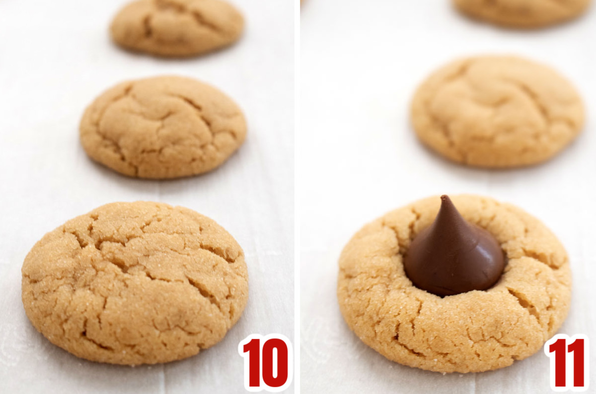 Collage image showing how to press the Hershey Kiss into the still warm peanut butter cookie.