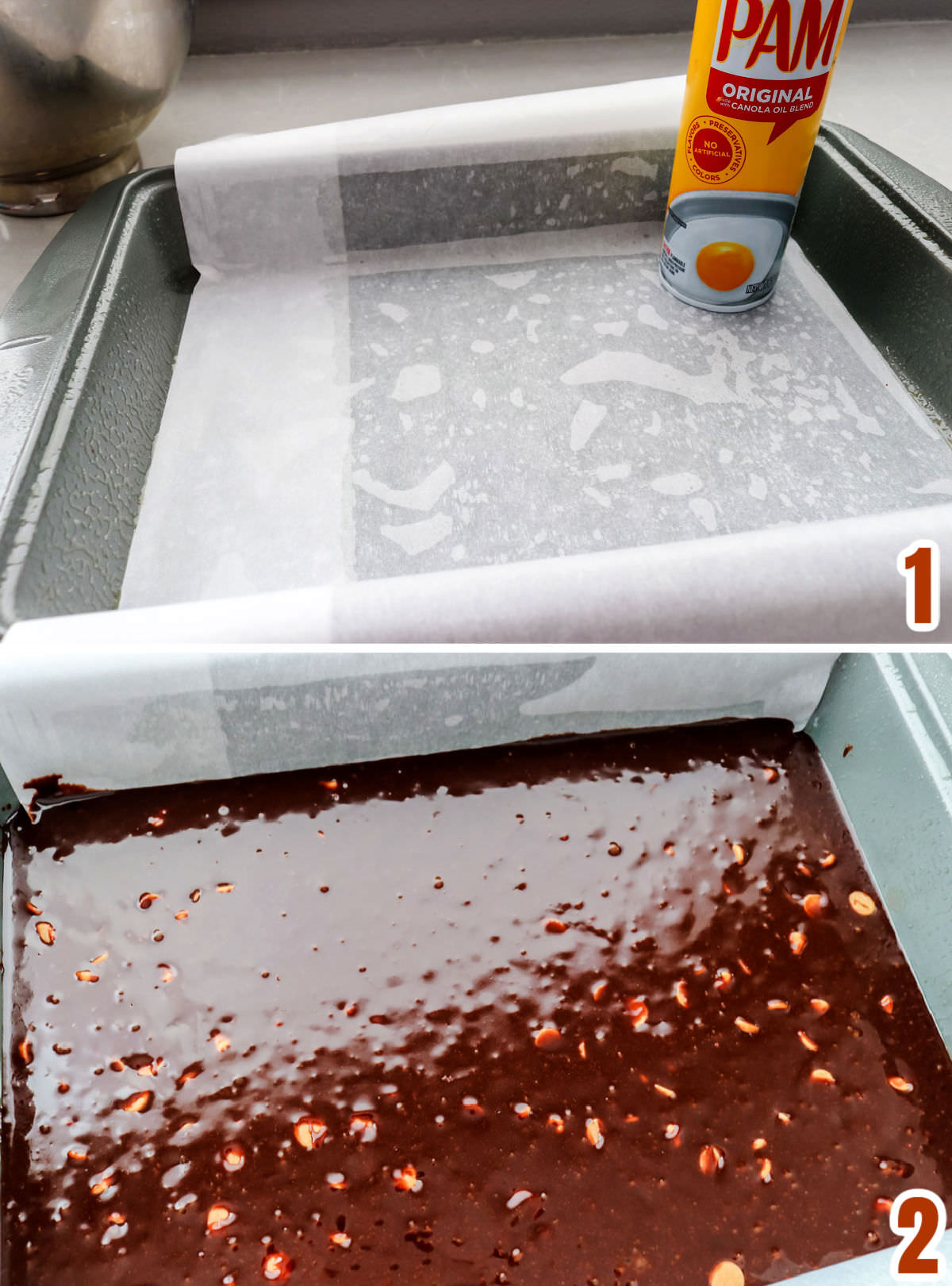 Collage image showing how to prepare the baking pan for the brownie batter.
