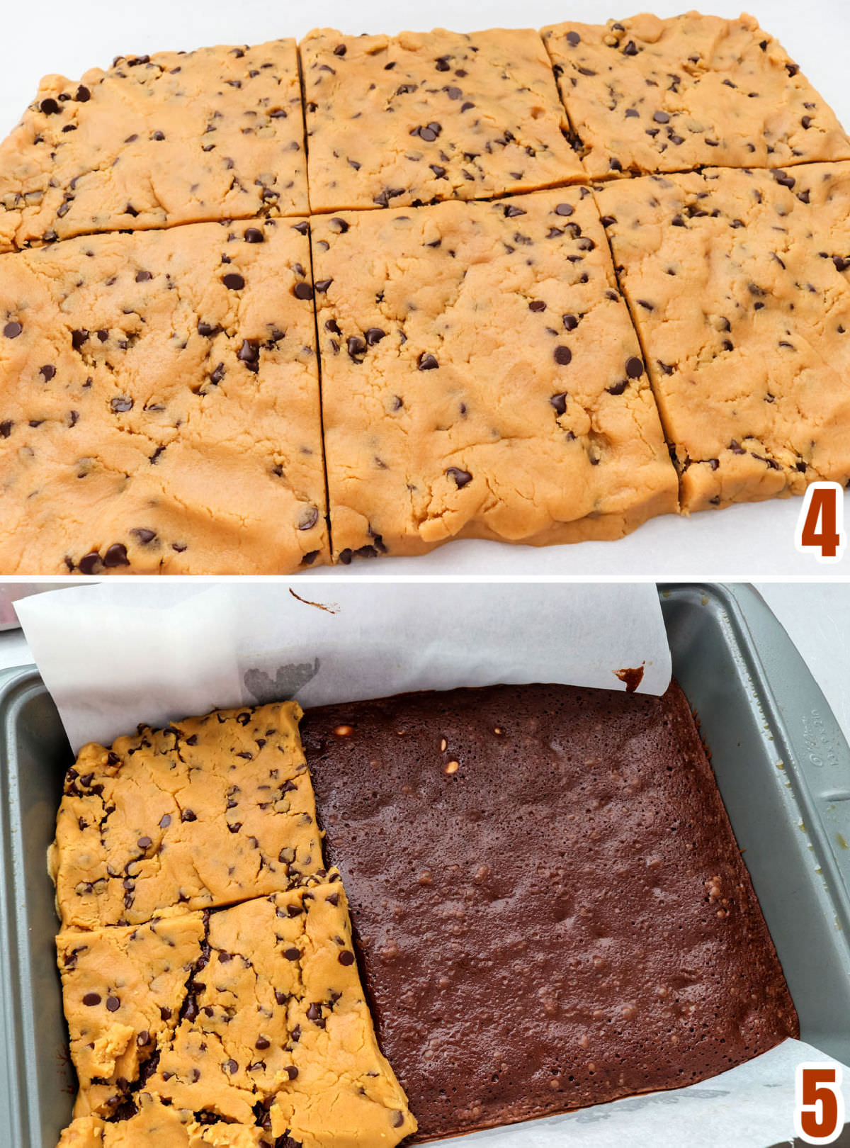 Collage image showing how to add the Peanut Butter Cookie dough to the partially cooked pan of brownies.