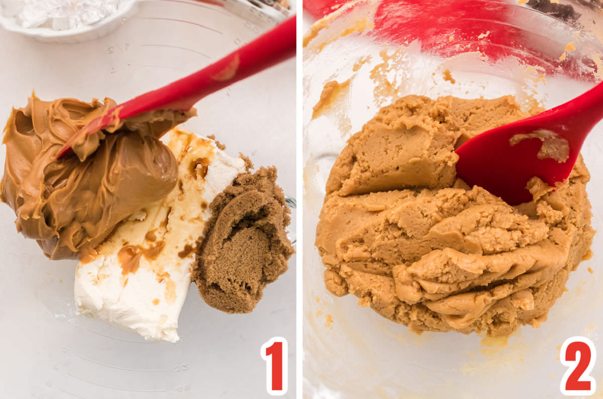 Collage image showing the steps for making the peanut butter cream cheese mixture.