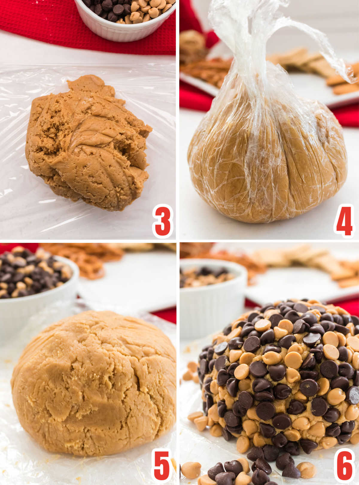 Collage image showing the steps from turning the peanut butter mixture into a cheese ball covered in chocolate chips.