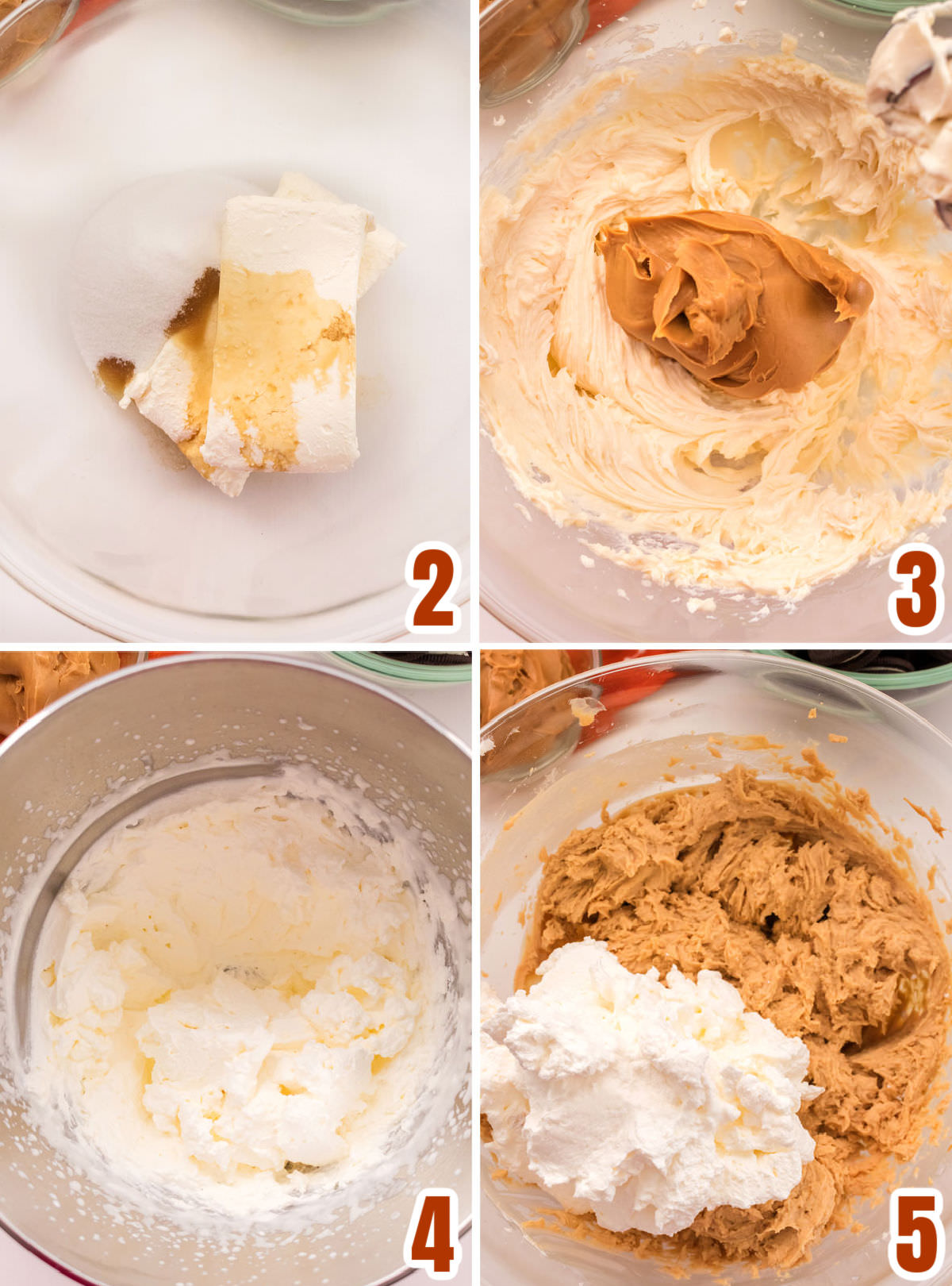Collage image showing the steps for making the peanut butter cheesecake filling.
