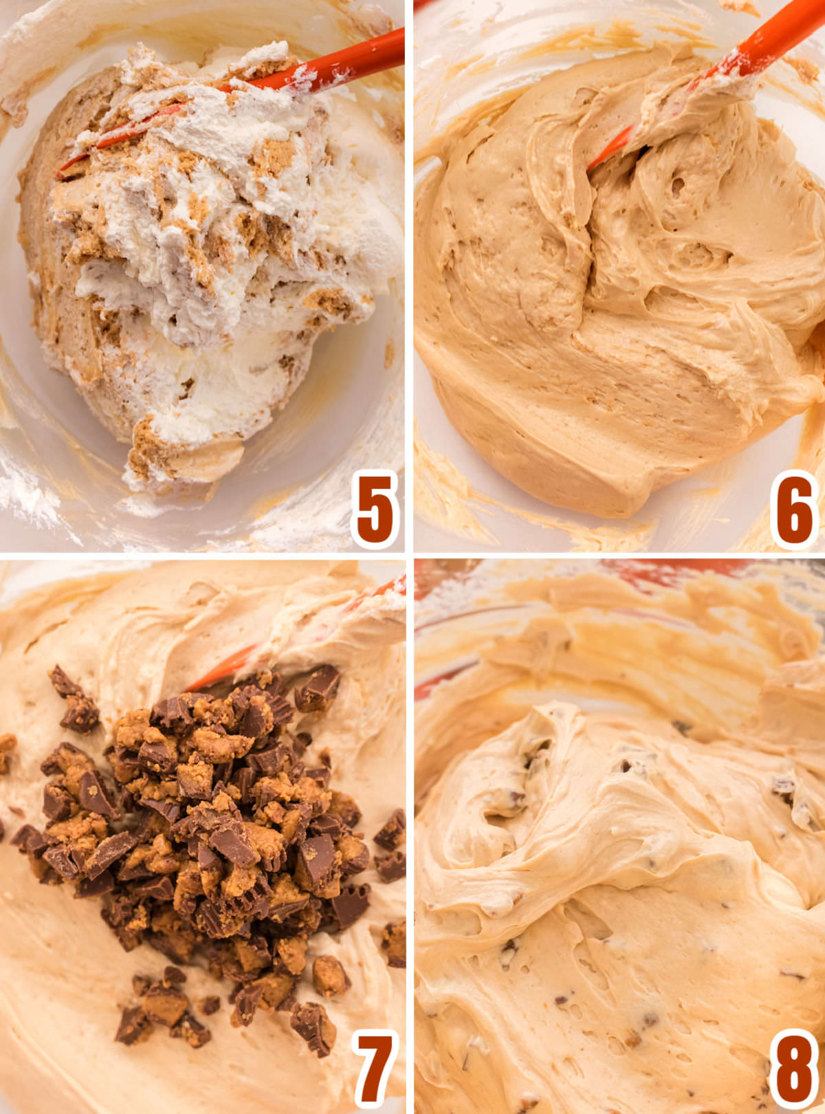 Collage image showing how to fold the whipped cream and the Peanut Butter Cup pieces into the cheesecake filling.