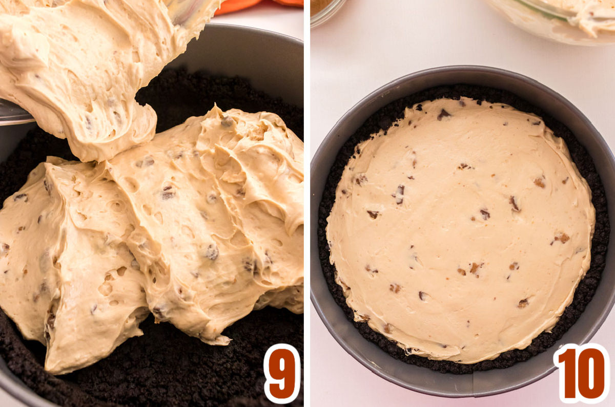 Collage image showing how to pour the peanut butter filling into the Oreo Cookie Crust.