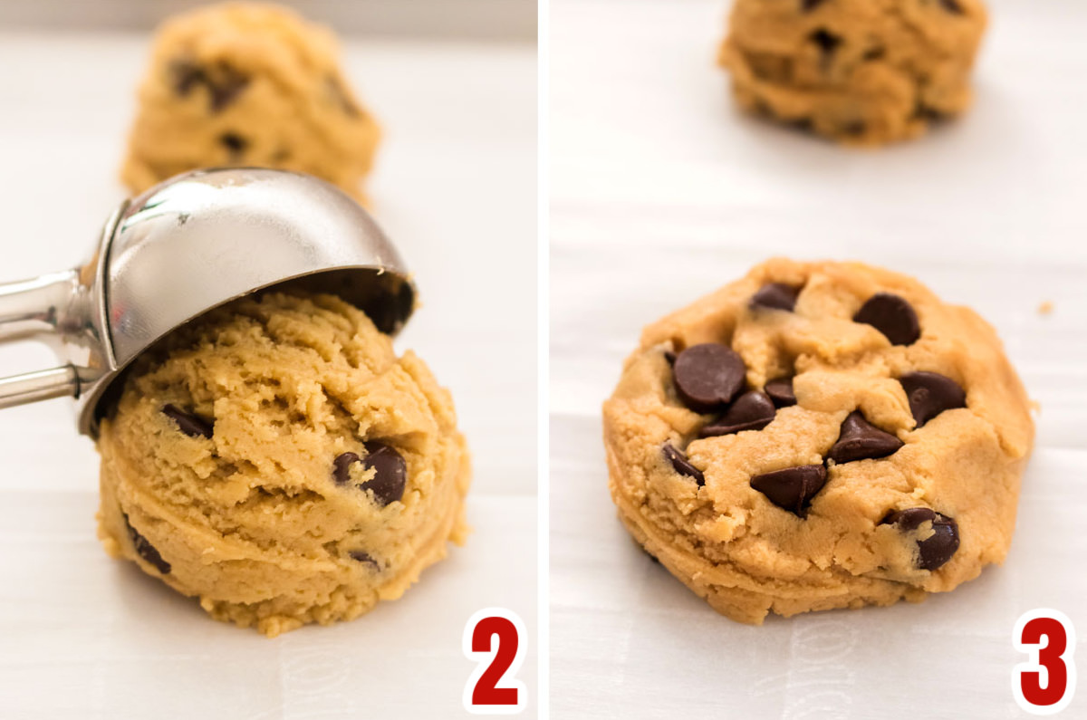 Collage image showing the steps for placing the cookie dough on the cookie sheet.