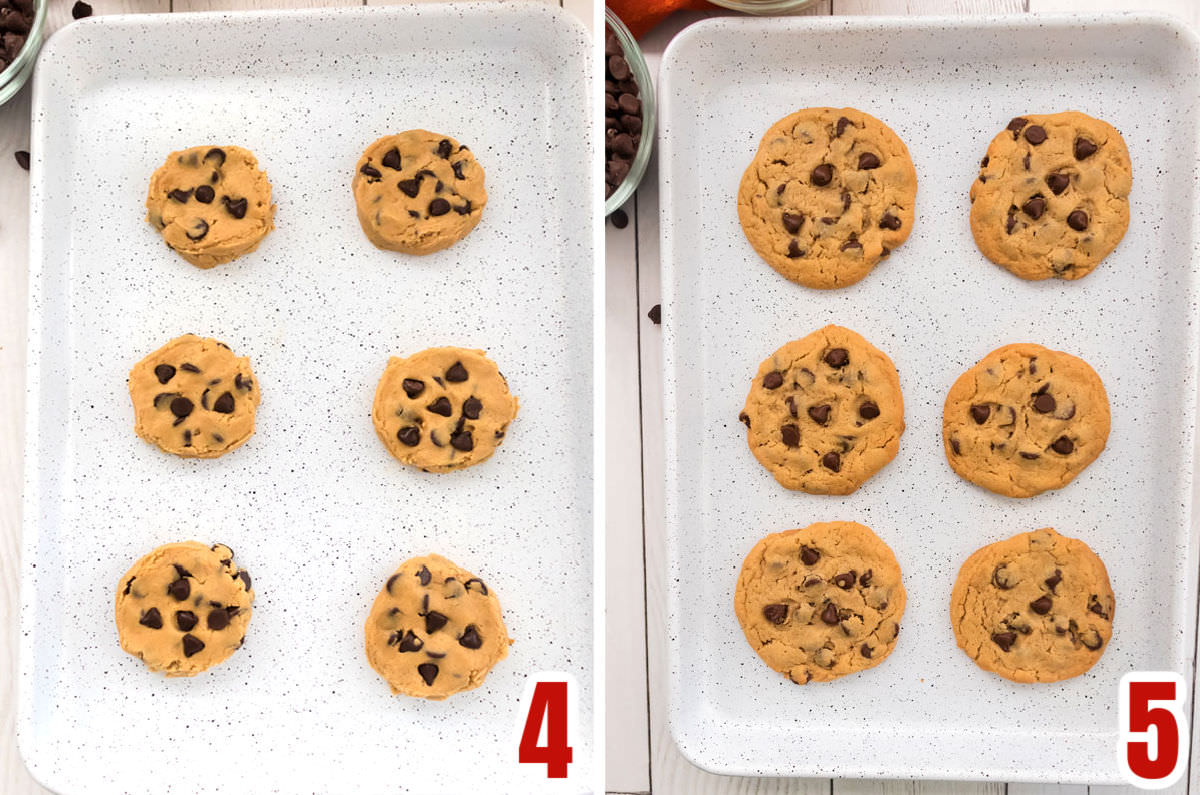 Collage image showing the cookies before going in the oven and after coming out of the oven.