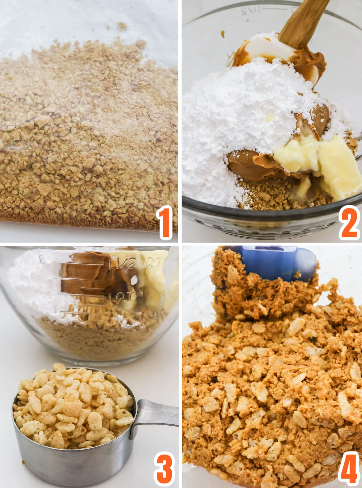 Collage image showing the steps for making the peanut butter filling mixture for the candy balls.