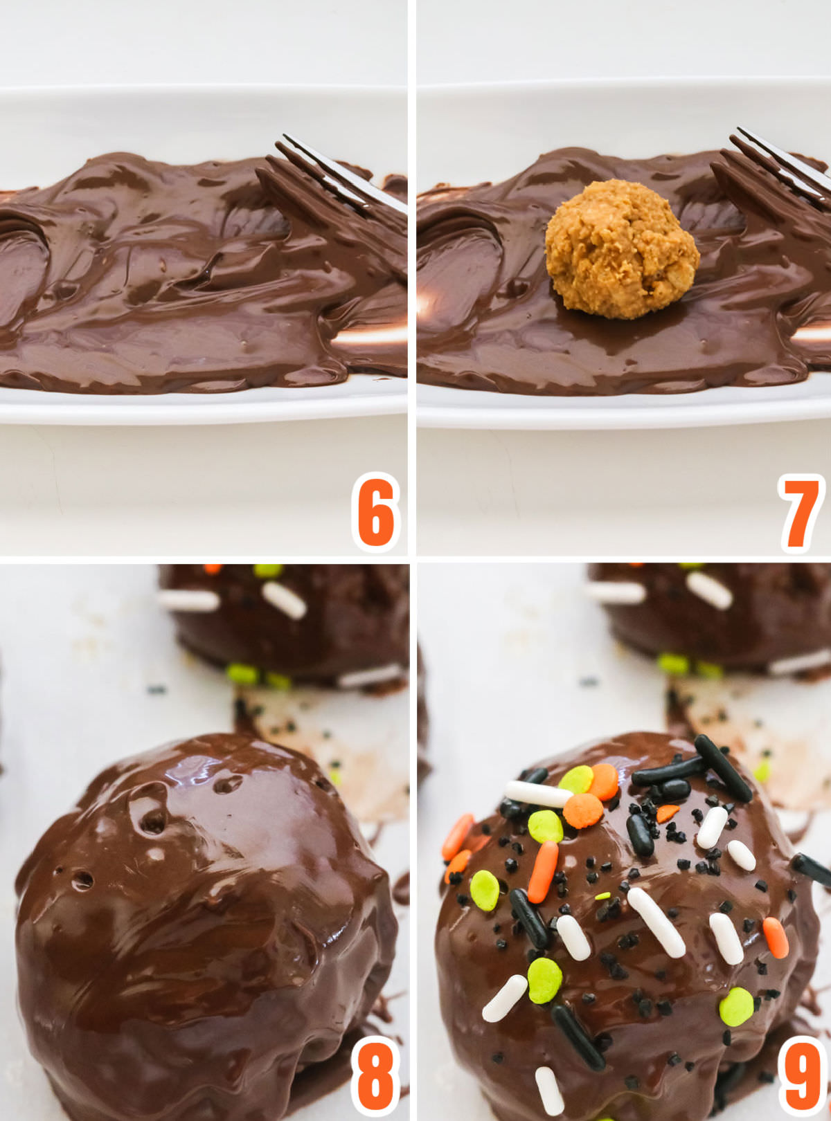Collage image showing the steps for covering the Peanut Butter balls in chocolate.