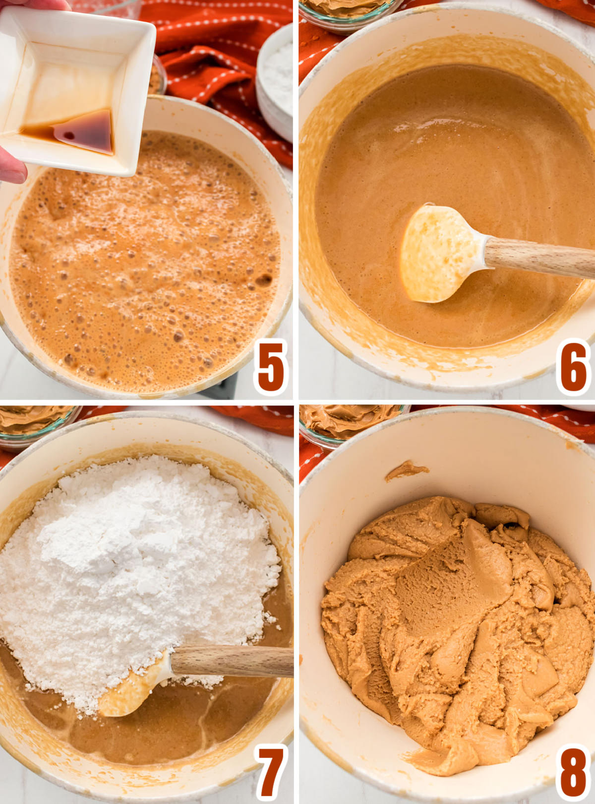 Collage image showing the steps for making the Peanut Butter Fudge mixture.