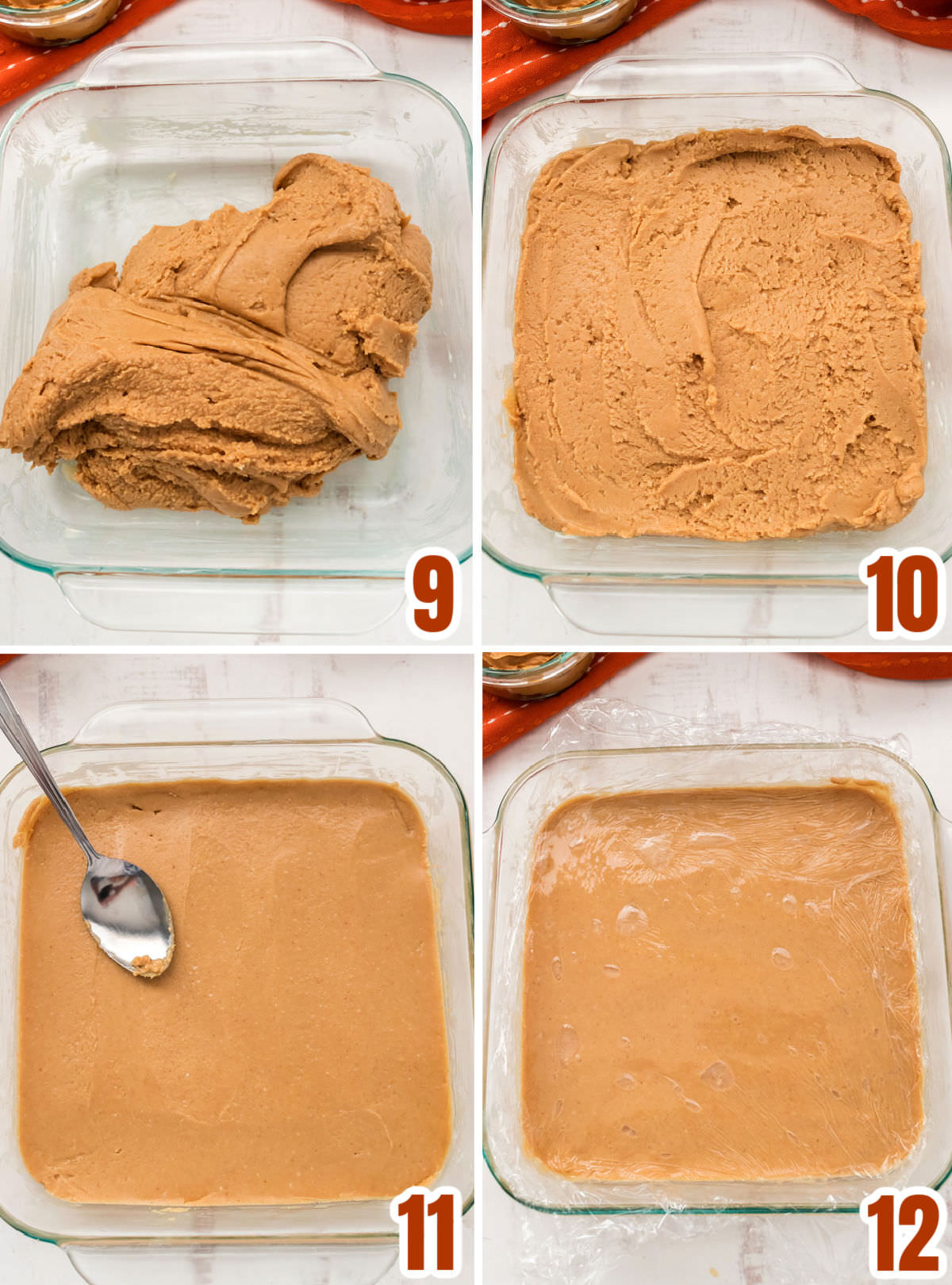 Collage image showing the steps for pressing the fudge down into the pan.