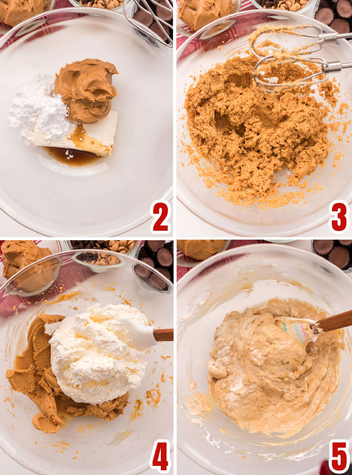 Collage image showing all the steps for making the Peanut Butter filling.