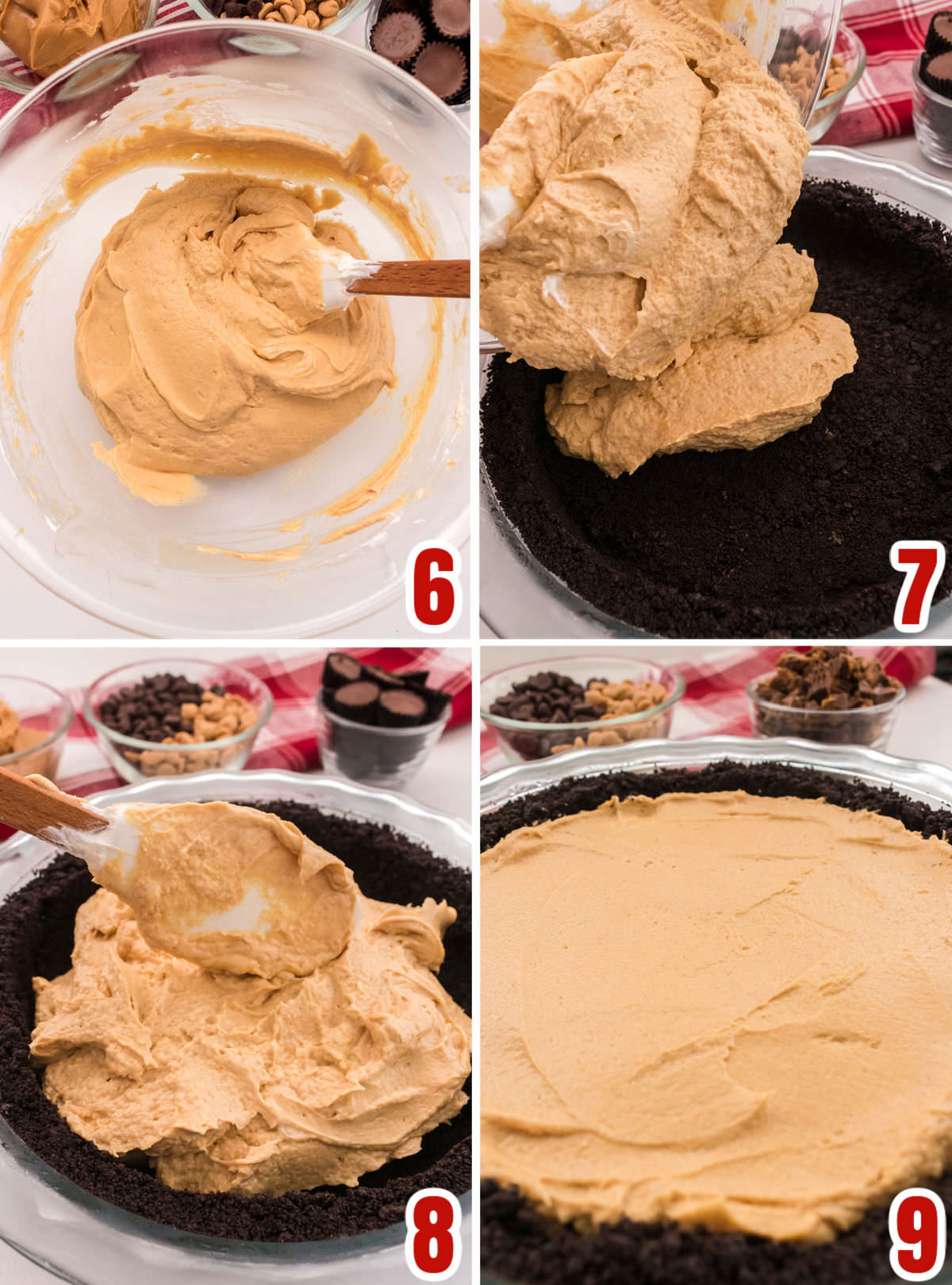 Collage image showing how to fill the Oreo Cookie crust with the Peanut Butter Pie Filling.