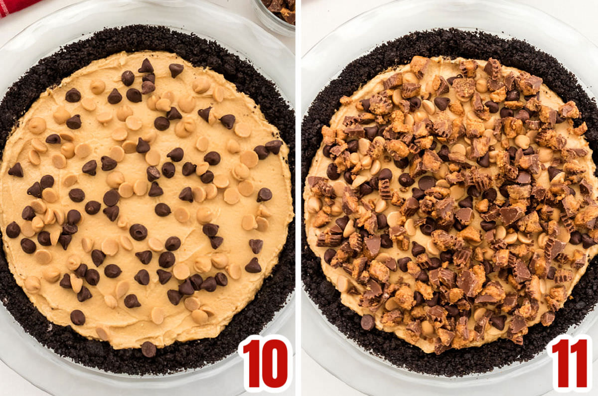 Collage image showing how to sprinkle the peanut butter chips, chocolate chips and chopped Reese's Peanut Butter Cups onto the top of the pie.
