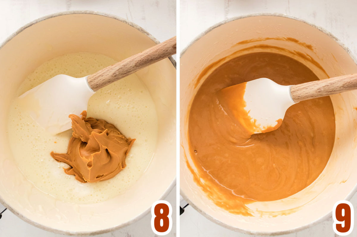 Collage image showing how to add the peanut butter to the marshmallow mixture.