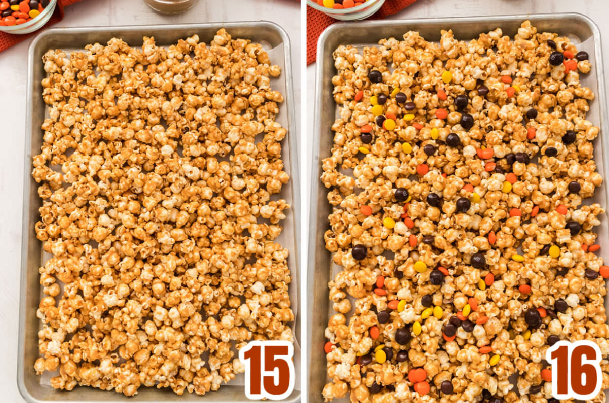 Collage image showing how to add the candy mixins to the Peanut Butter Popcorn.