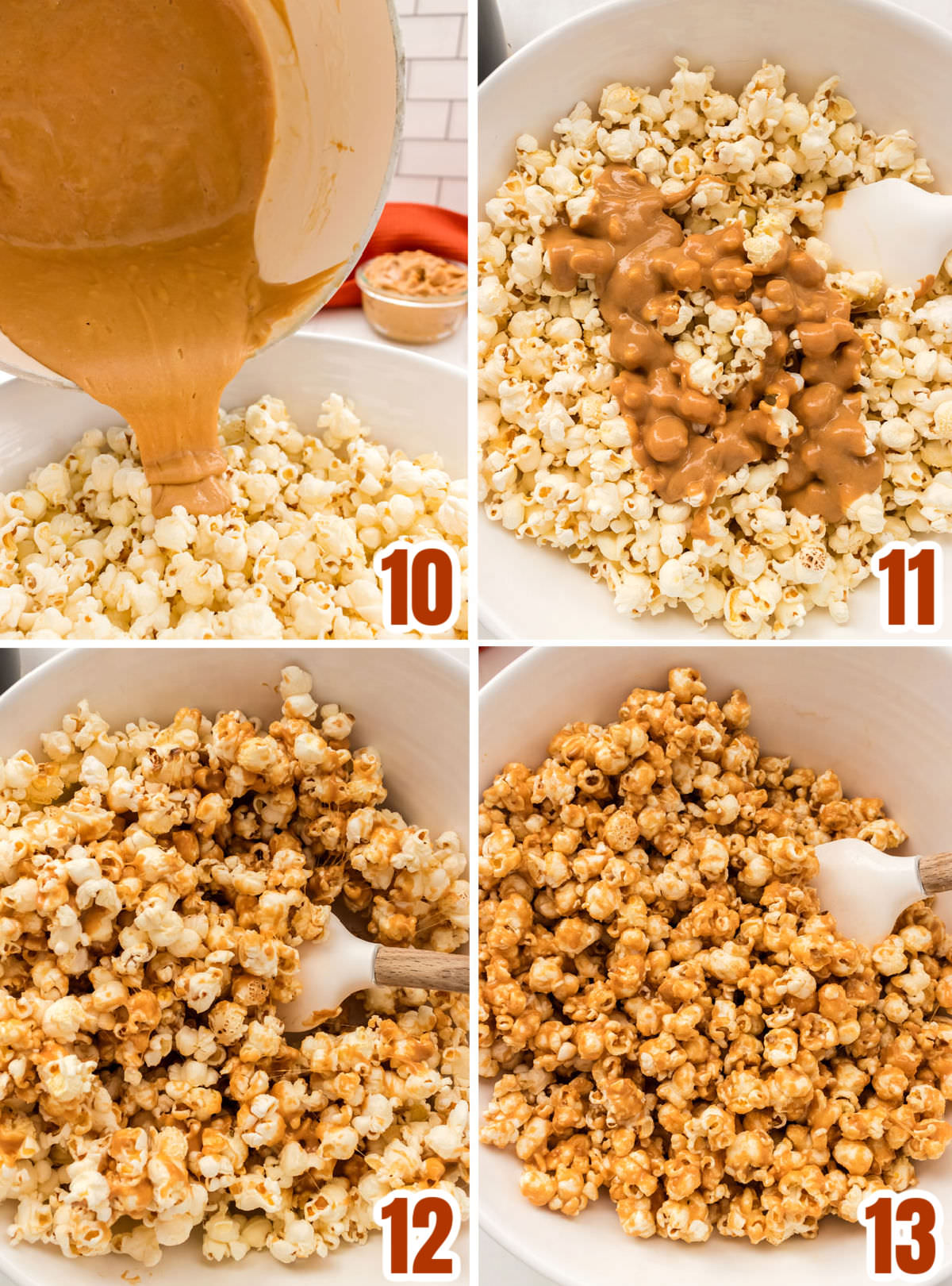 Collage image showing how to cover the popcorn with the peanut butter marshmallow mixture.