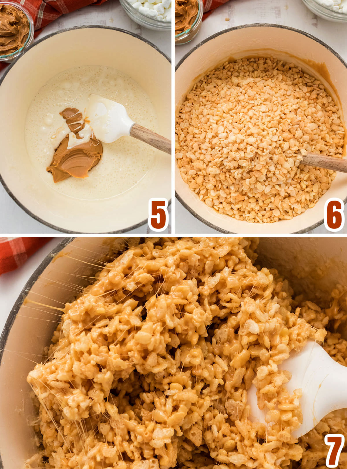 Collage image showing how to add the Peanut Butter and the Rice Krispie Cereal to the mixture.