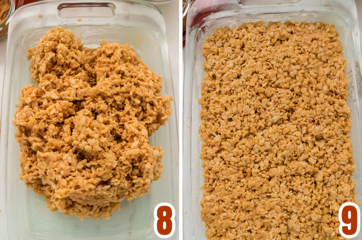 Collage image showing how to press the rice krispie treat mixture into the pan.