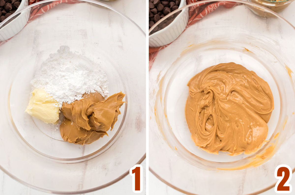 Collage image showing how to make the Peanut Butter filling for the brownies.