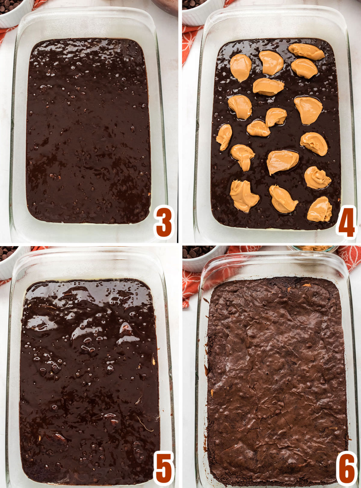 Collage image showing how to add the peanut butter filling to the brownie batter and how to bake the brownies.