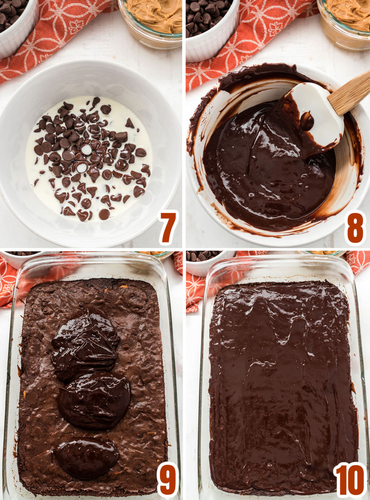 Collage image showing how to make Chocolate Ganache Frosting for the brownies.