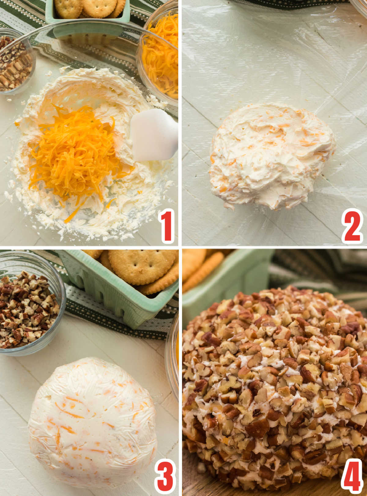 Collage image showing the steps for making a cheese ball.