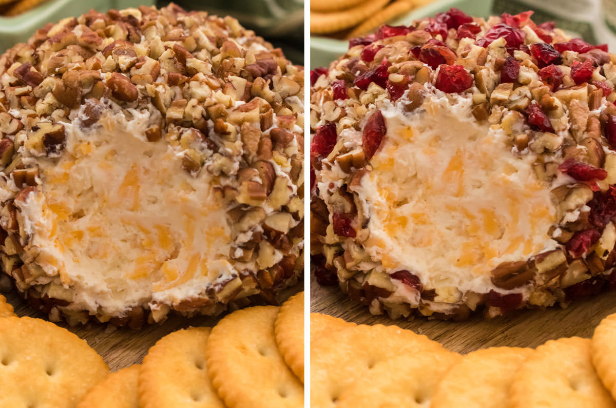 Collage image showing the different toppings for Cheese Balls including Pecans and Cranberries and Pecans.