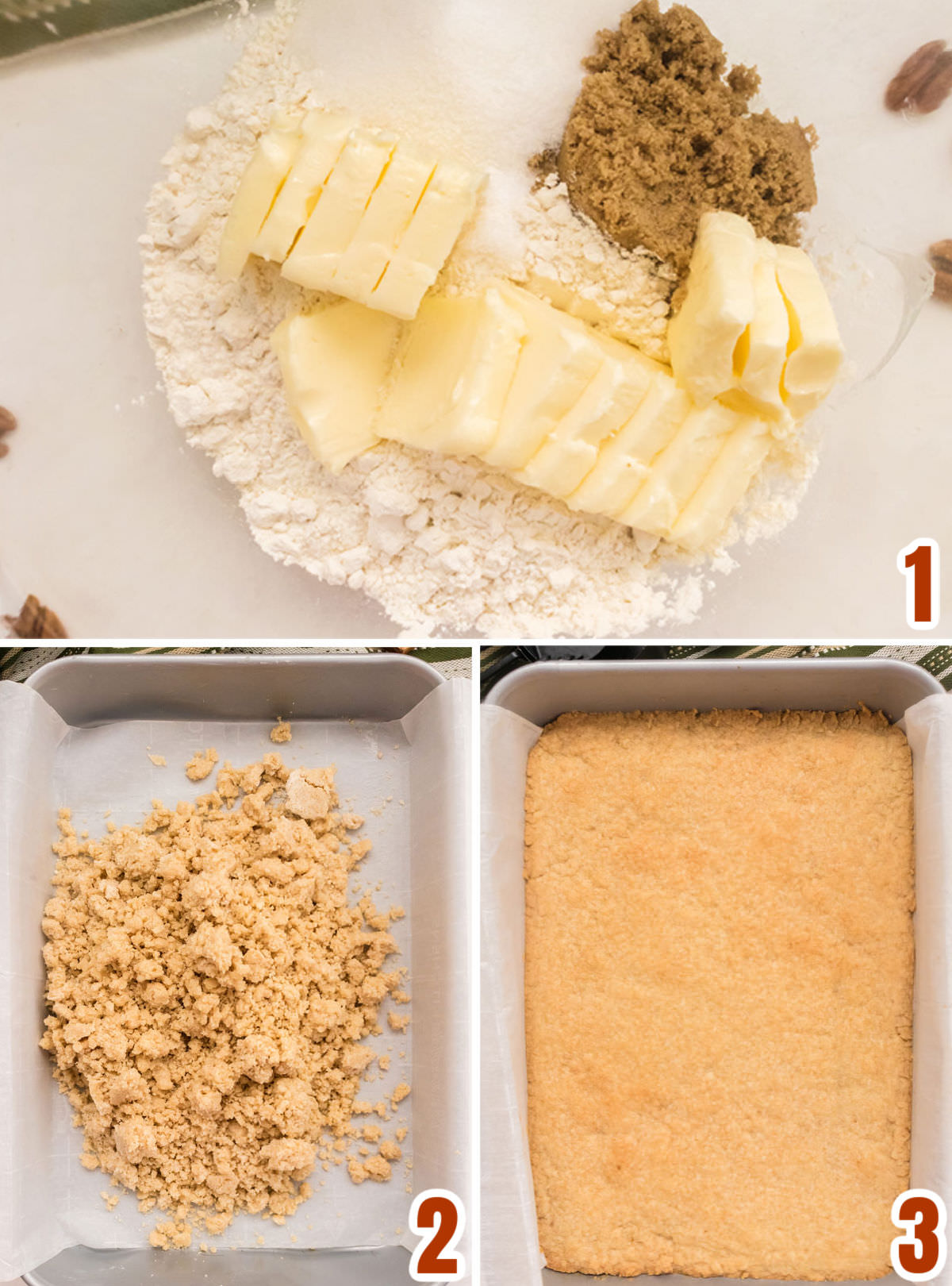Collage image showing the steps for making the cookie crust for the Pecan Pie Bars.