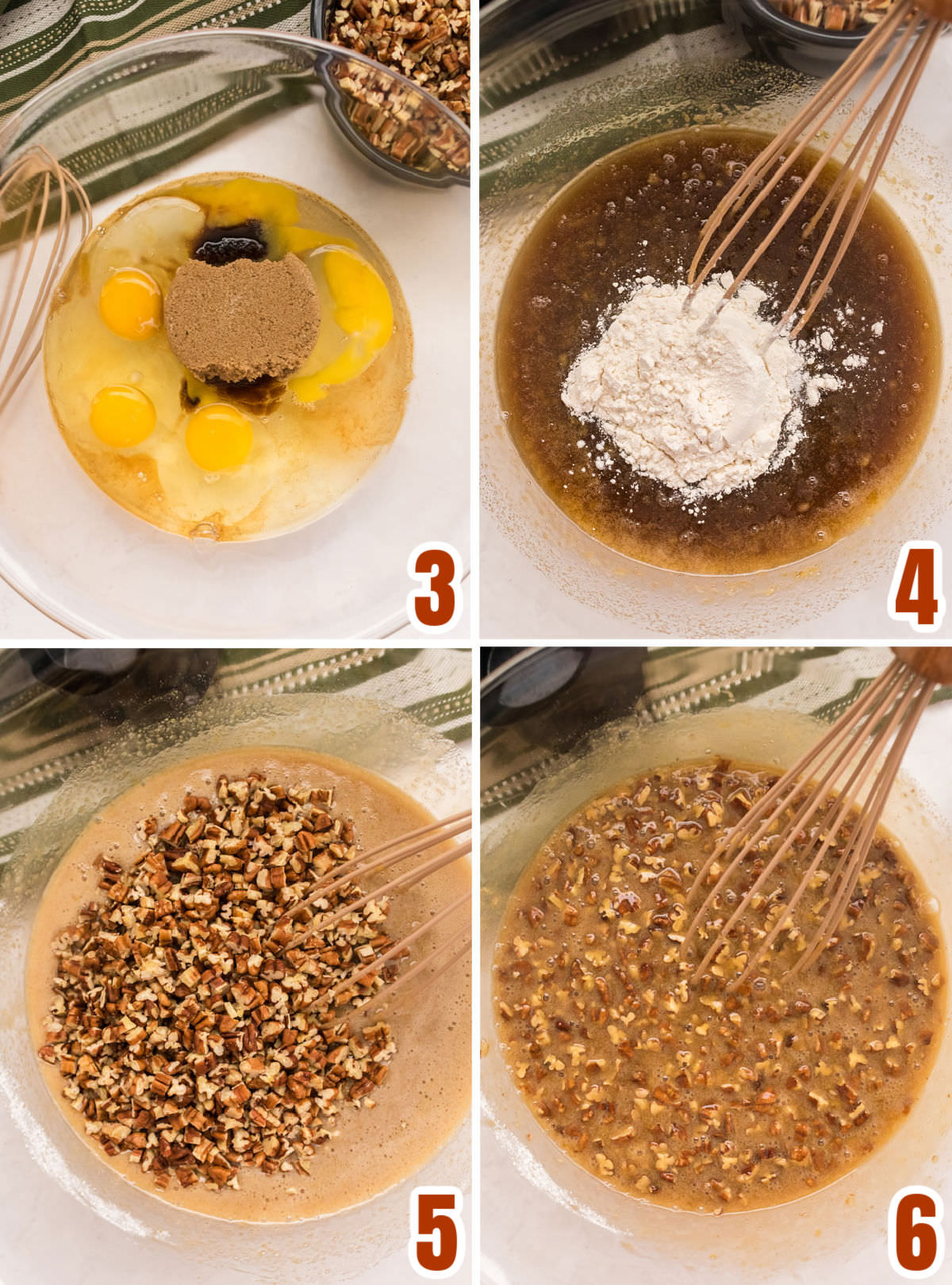Collage image showing the steps for making the Pecan Pie Filing for the cookie bars.