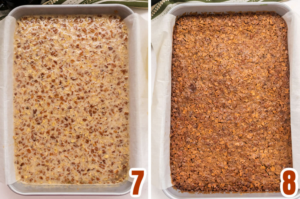 Collage image showing the Pecan Pie Bars before going in the oven and when they come out of the oven.