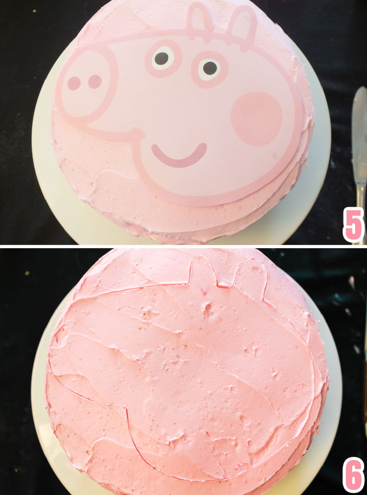 Collage image showing how to use a knife and a print out of Peppa's face to transfer the shape onto the top of the cake.