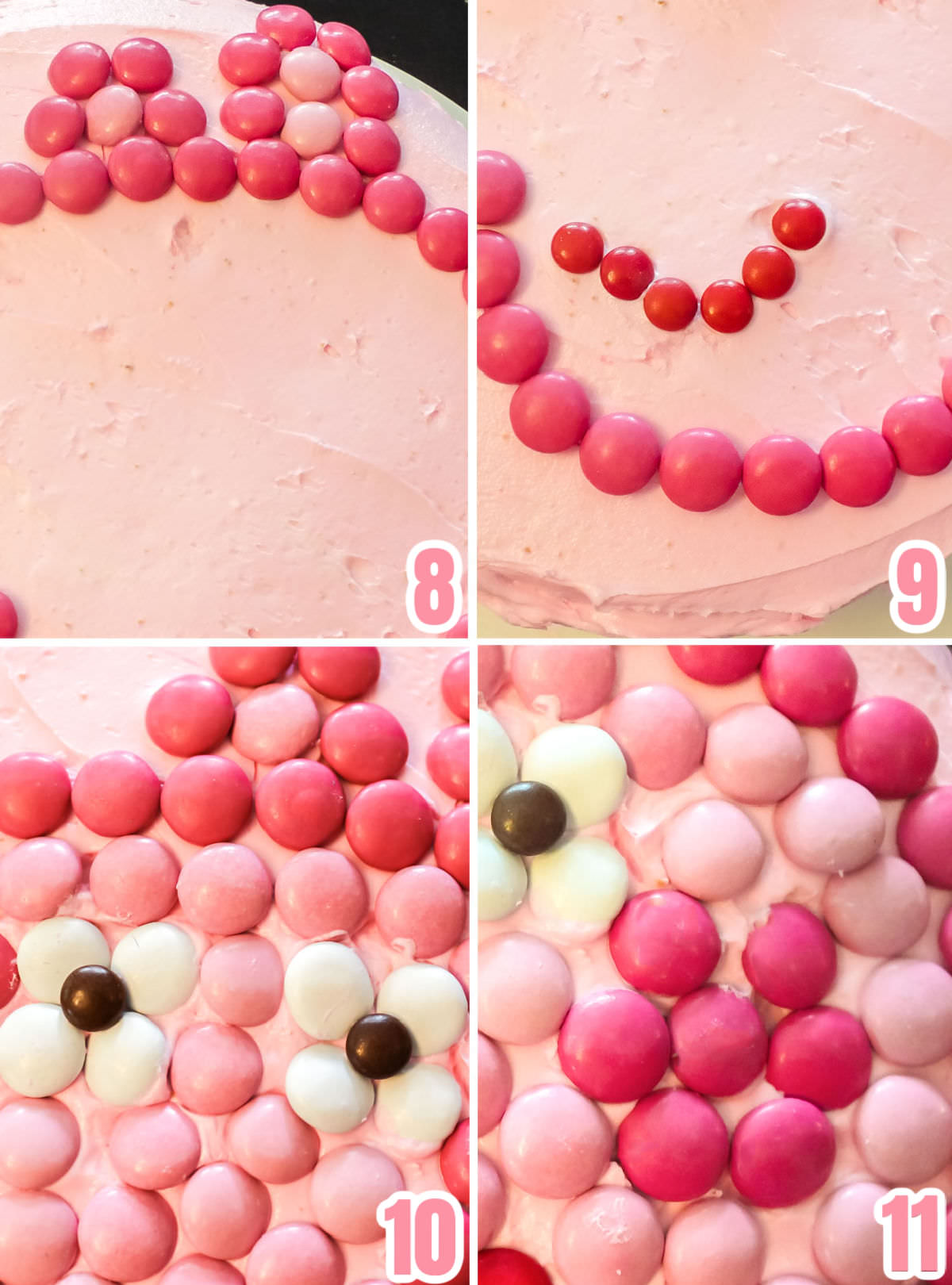 Collage image showing how to recreate detailed sections of the Peppa Pig Cake including ears, mouth, eyes and cheek.