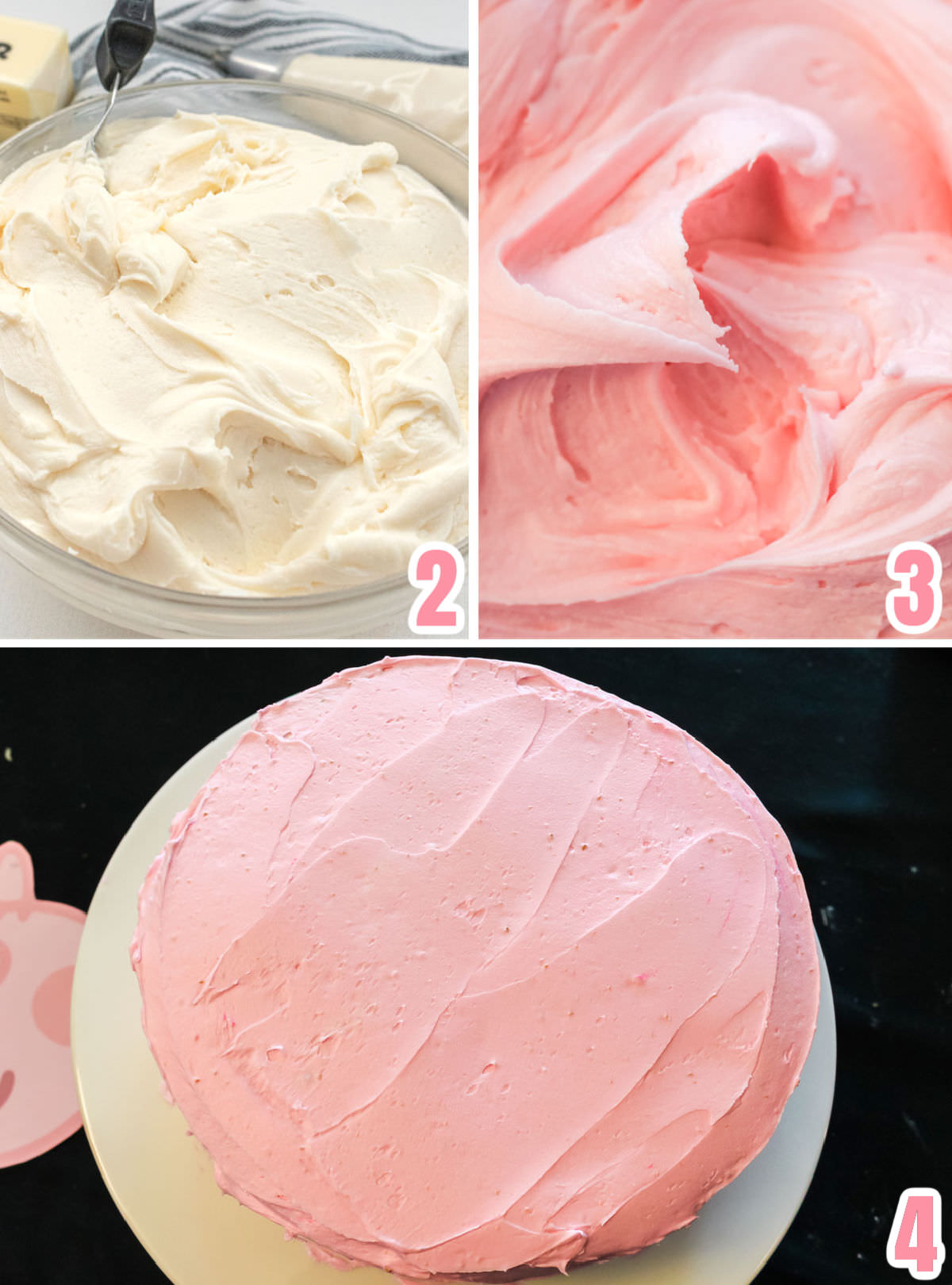 Collage image showing the steps for making buttercream frosting, tinting the frosting pink and frosting the cake.