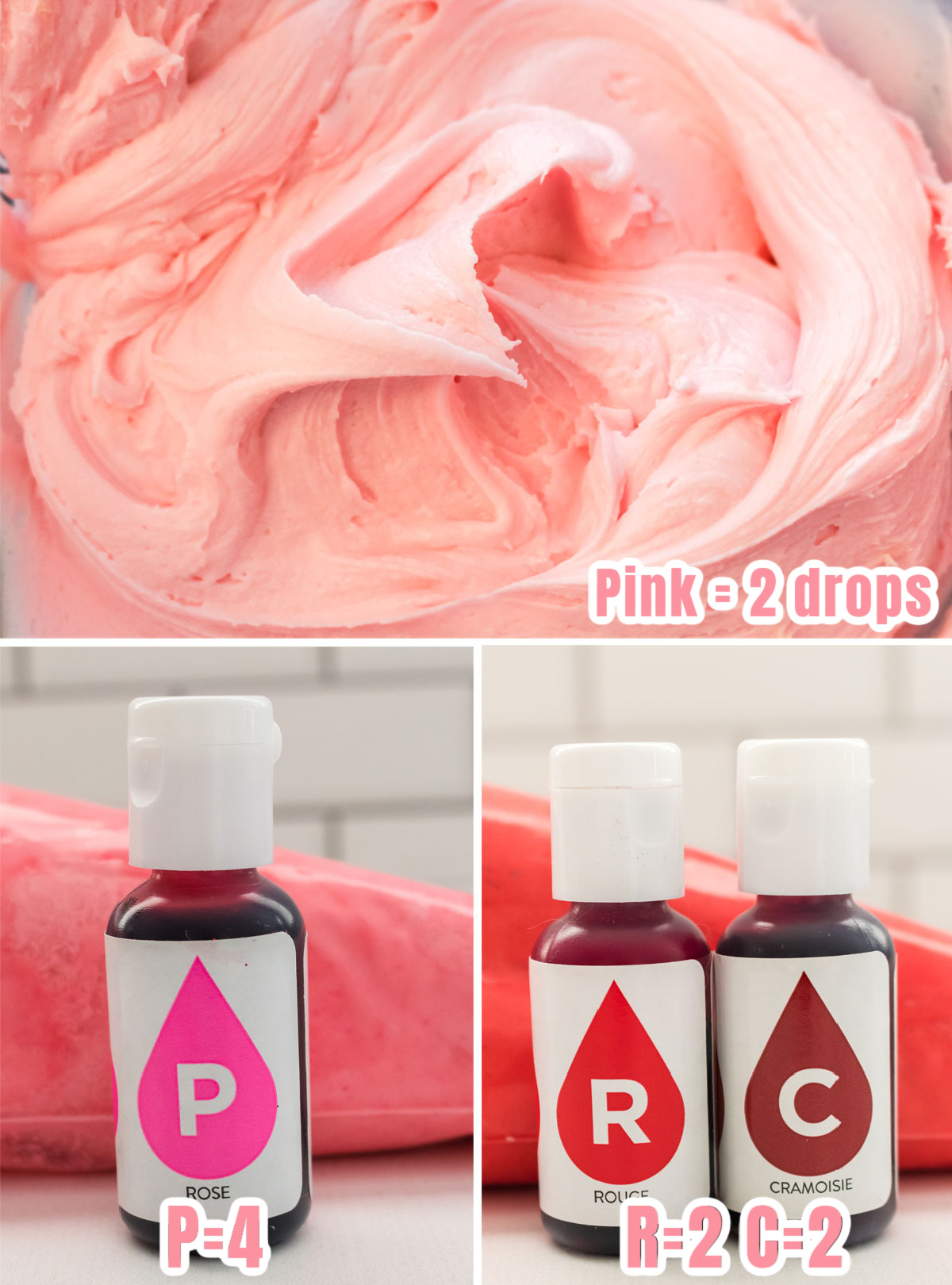 Collage image showing the food coloring formulas for making pink and red frosting.