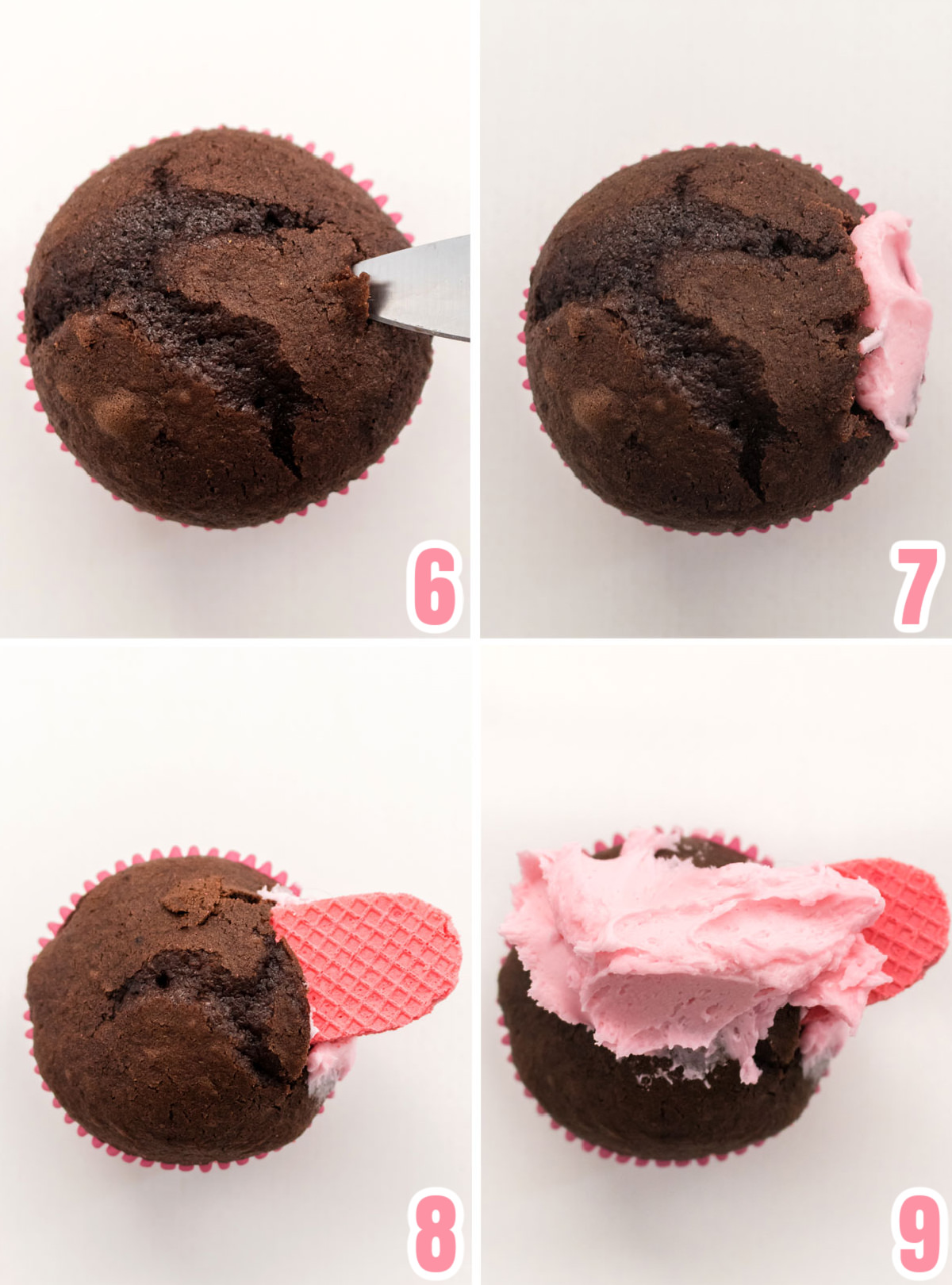 Collage image showing how to add the cookie snout to the Peppa Pig Cupcakes.