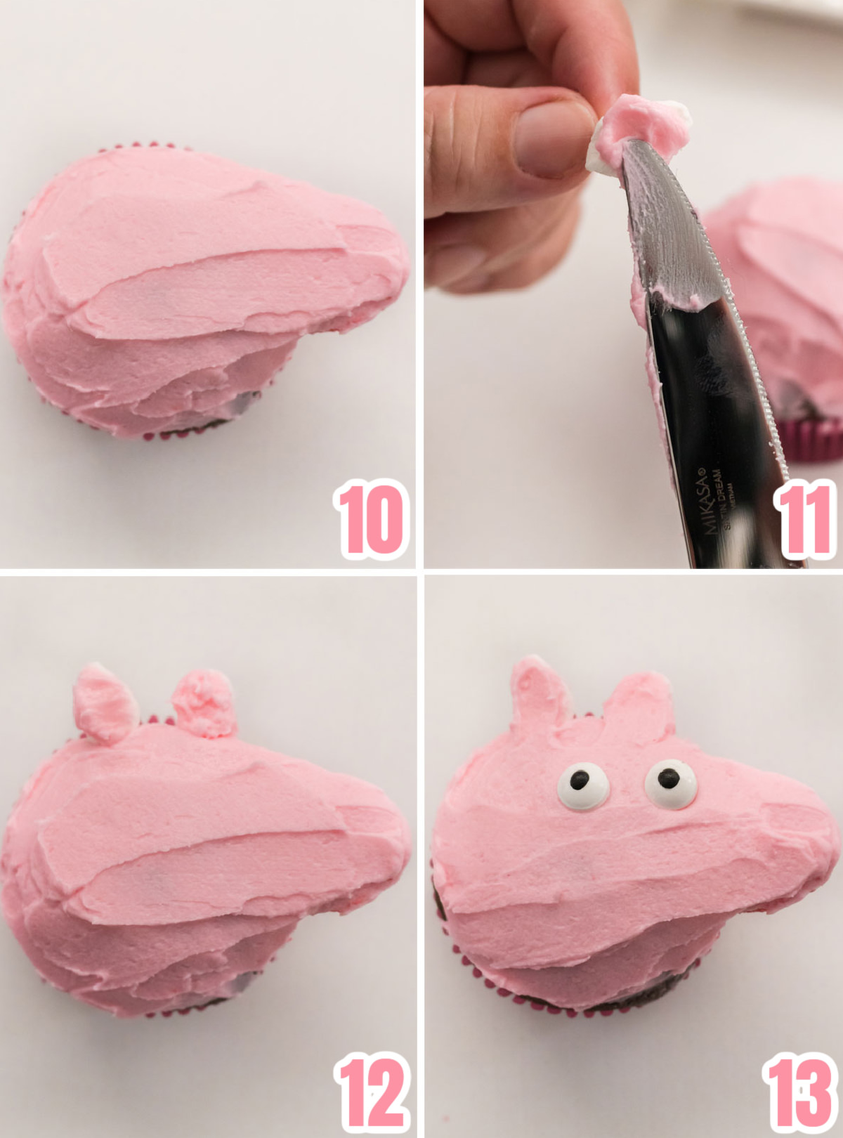 Collage image showing the exact steps on how to assemble the Peppa Pig Cupcakes.