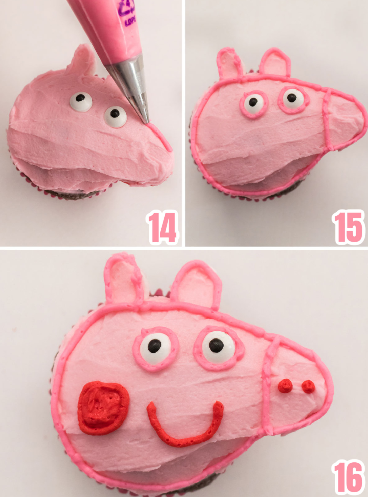 Collage image showing how to decorate the Peppa Pig face on these peppa pig cupcakes.